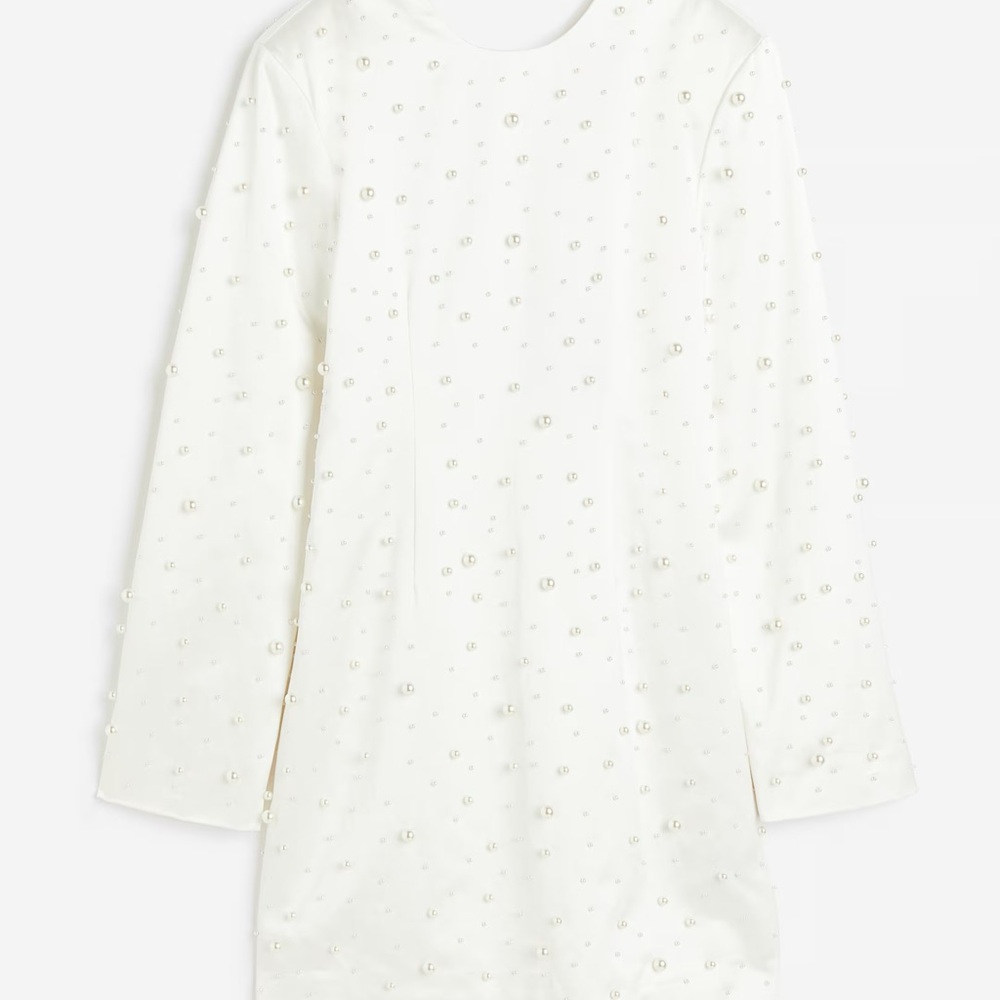 H&M White Long Sleeve Dress with Pearl Accents